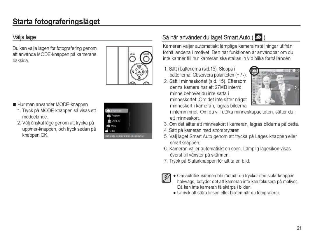 Samsung EC-ST70ZZBPUE2, EC-ST70ZZBPBE2 manual Starta fotograferingsläget, Välja läge Så här använder du läget Smart Auto 