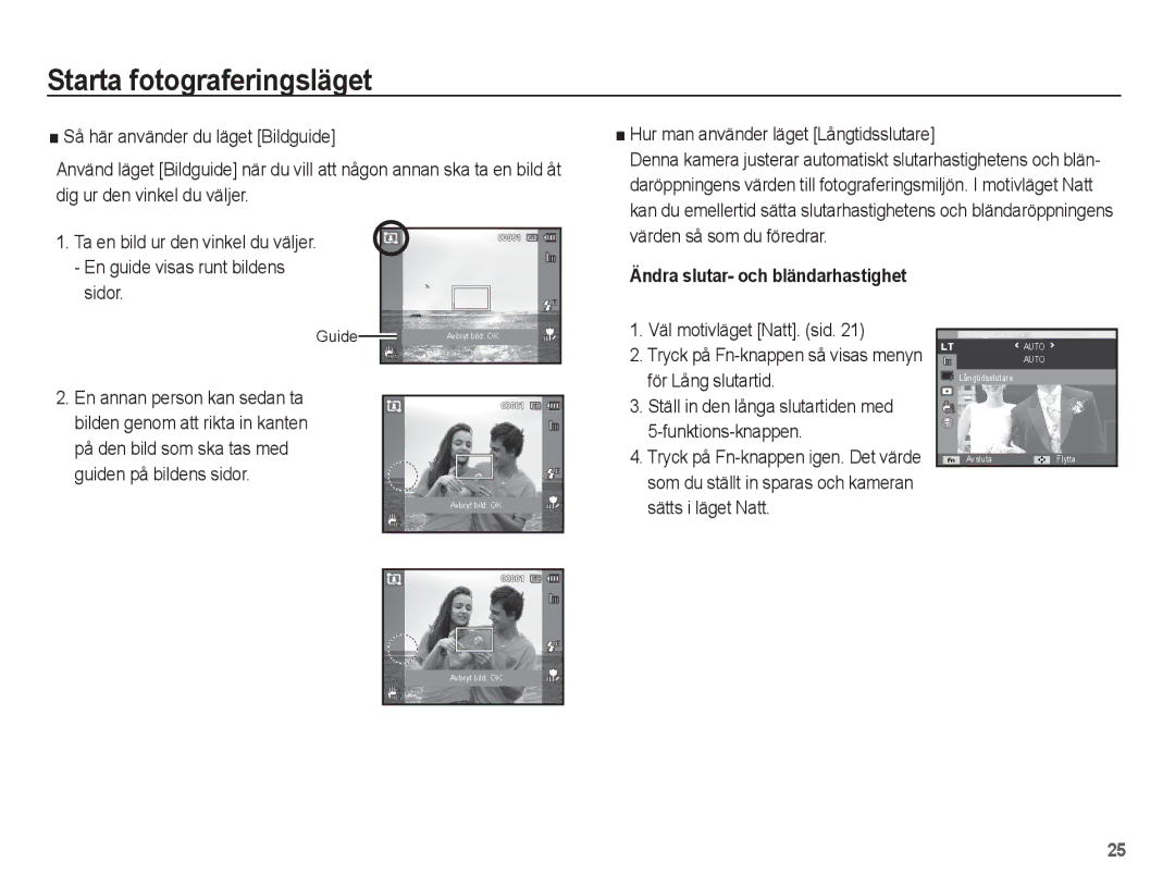 Samsung EC-ST70ZZBPUE2, EC-ST70ZZBPBE2 Väl motivläget Natt. sid, För Lång slutartid, Funktions-knappen, Sätts i läget Natt 