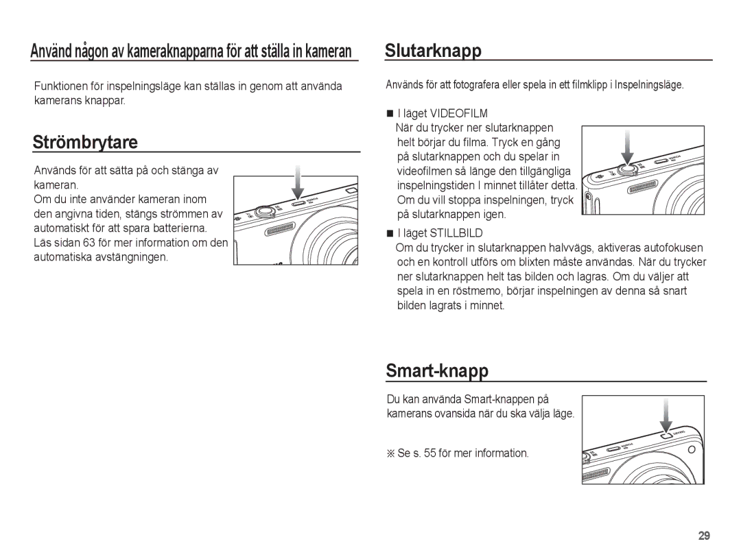 Samsung EC-ST70ZZBPUE2, EC-ST70ZZBPBE2, EC-ST70ZZBPSE2, EC-ST70ZZBPOE2 manual Strömbrytare, Slutarknapp, Smart-knapp 