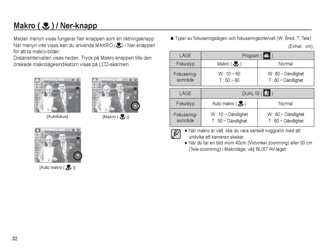 Samsung EC-ST70ZZBPSE2, EC-ST70ZZBPBE2, EC-ST70ZZBPUE2, EC-ST70ZZBPOE2 manual Makro / Ner-knapp, 80 ~ Oändlighet 