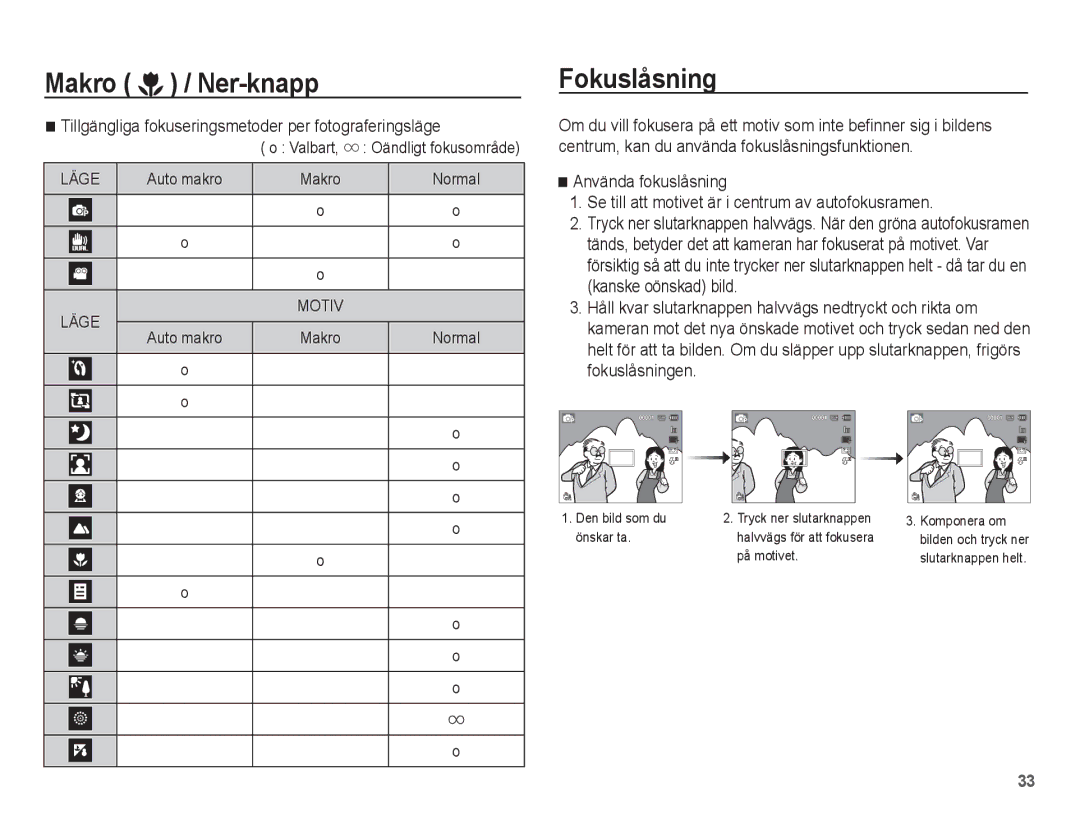 Samsung EC-ST70ZZBPUE2, EC-ST70ZZBPBE2 manual Fokuslåsning, Tillgängliga fokuseringsmetoder per fotograferingsläge, Valbart 