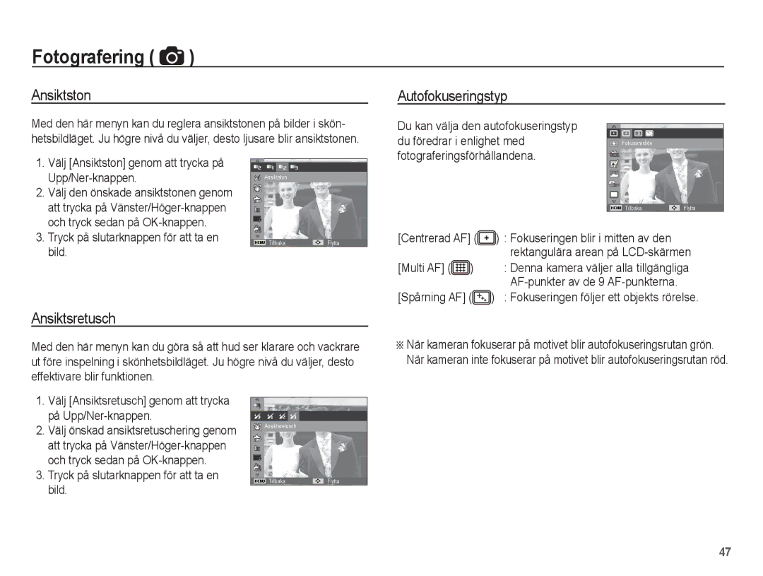 Samsung EC-ST70ZZBPBE2, EC-ST70ZZBPSE2, EC-ST70ZZBPUE2, EC-ST70ZZBPOE2 manual Ansiktston, Autofokuseringstyp, Ansiktsretusch 