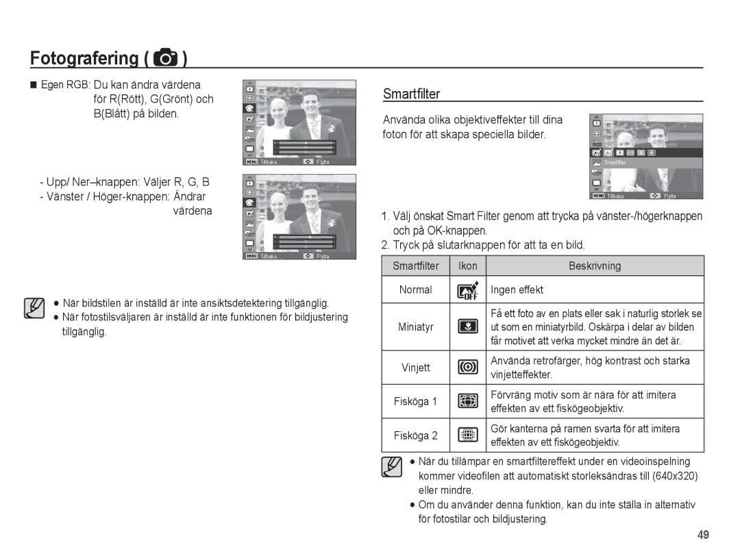 Samsung EC-ST70ZZBPUE2, EC-ST70ZZBPBE2, EC-ST70ZZBPSE2, EC-ST70ZZBPOE2 manual Smartﬁlter, Upp/ Ner-knappen Väljer R, G, B 