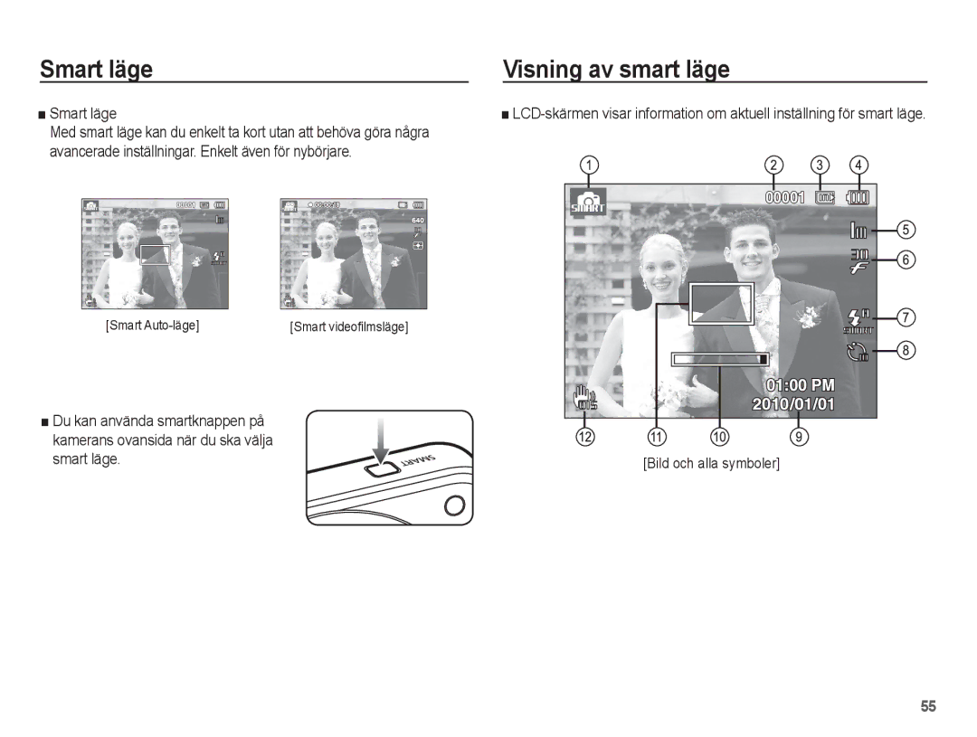 Samsung EC-ST70ZZBPBE2, EC-ST70ZZBPSE2, EC-ST70ZZBPUE2, EC-ST70ZZBPOE2 manual Smart läge, Visning av smart läge 