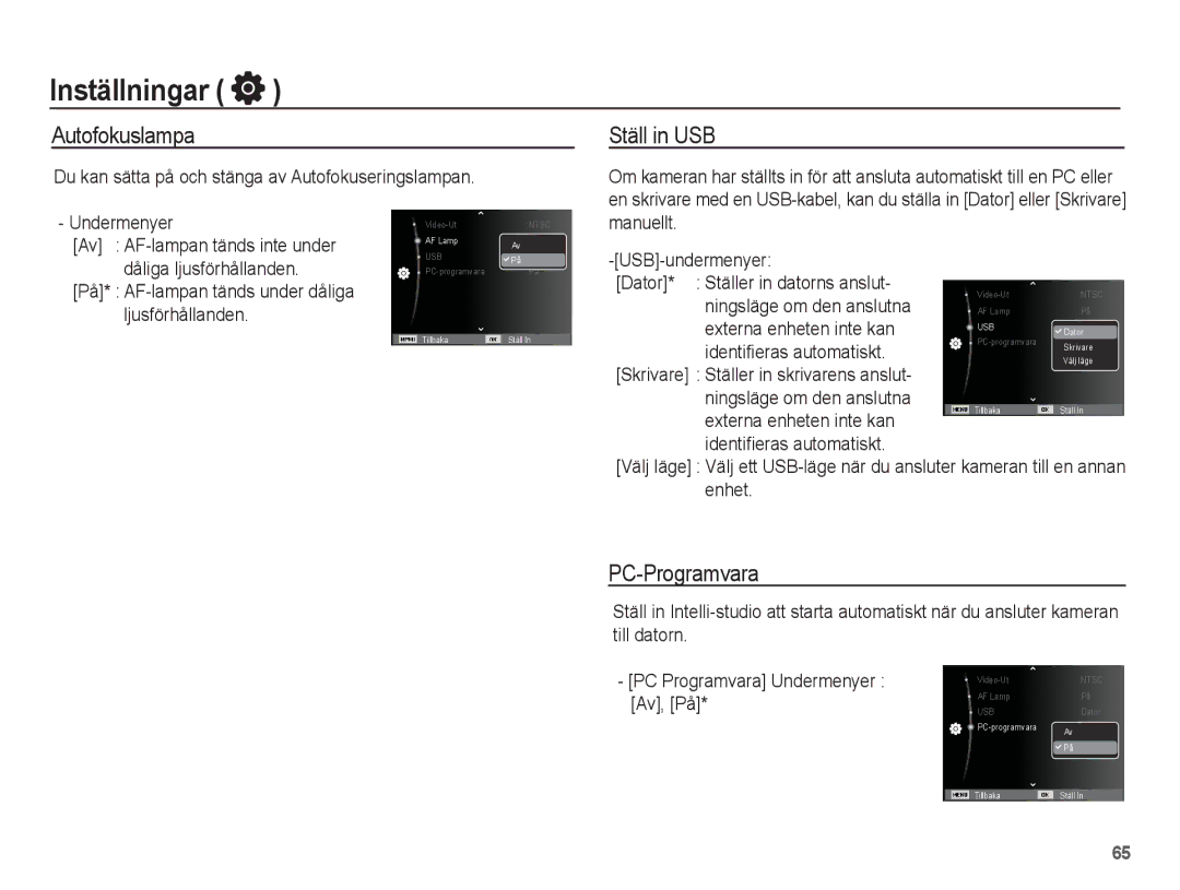 Samsung EC-ST70ZZBPUE2, EC-ST70ZZBPBE2, EC-ST70ZZBPSE2, EC-ST70ZZBPOE2 manual Autofokuslampa, Ställ in USB, PC-Programvara 