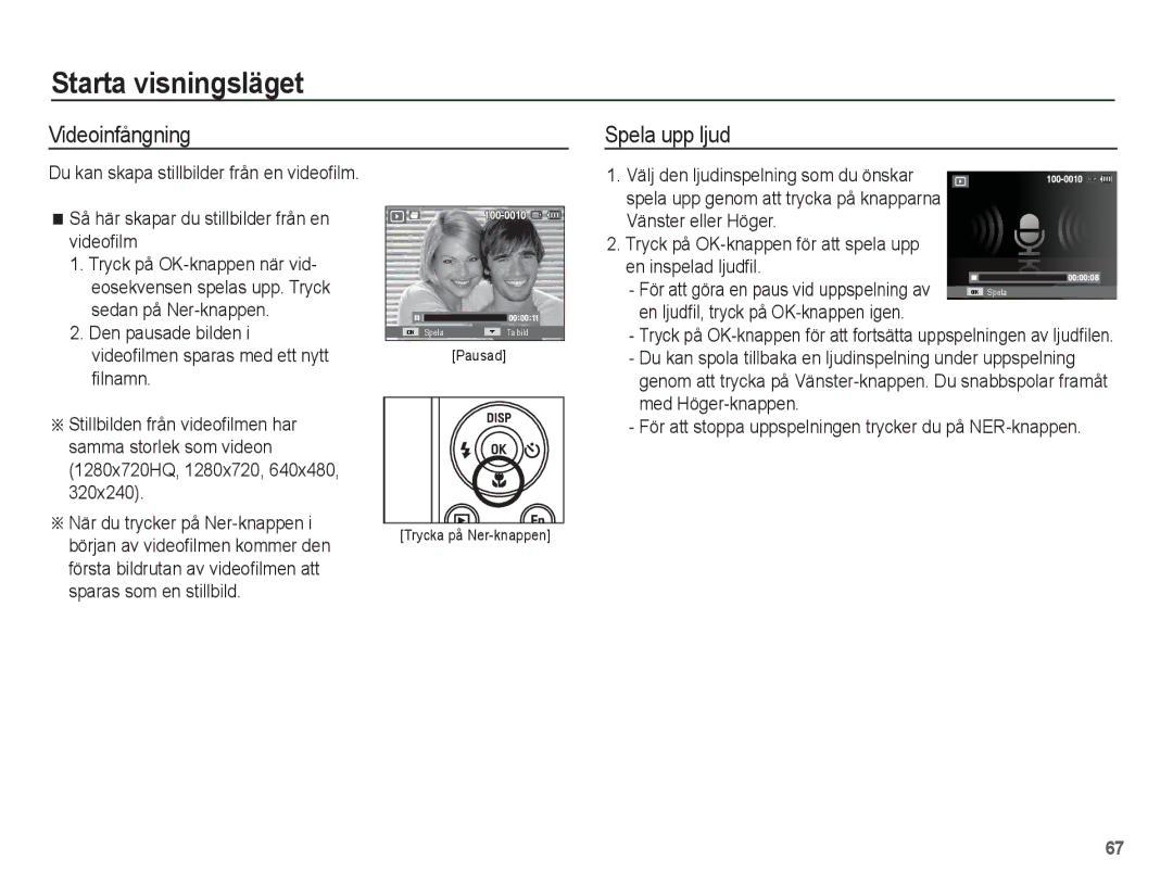 Samsung EC-ST70ZZBPBE2, EC-ST70ZZBPSE2, EC-ST70ZZBPUE2, EC-ST70ZZBPOE2 manual Videoinfångning, Spela upp ljud 