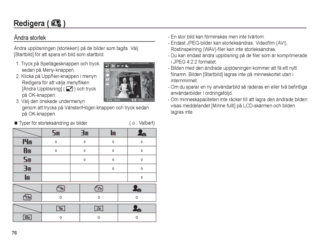 Samsung EC-ST70ZZBPSE2, EC-ST70ZZBPBE2, EC-ST70ZZBPUE2, EC-ST70ZZBPOE2 manual Redigera, Ändra storlek 