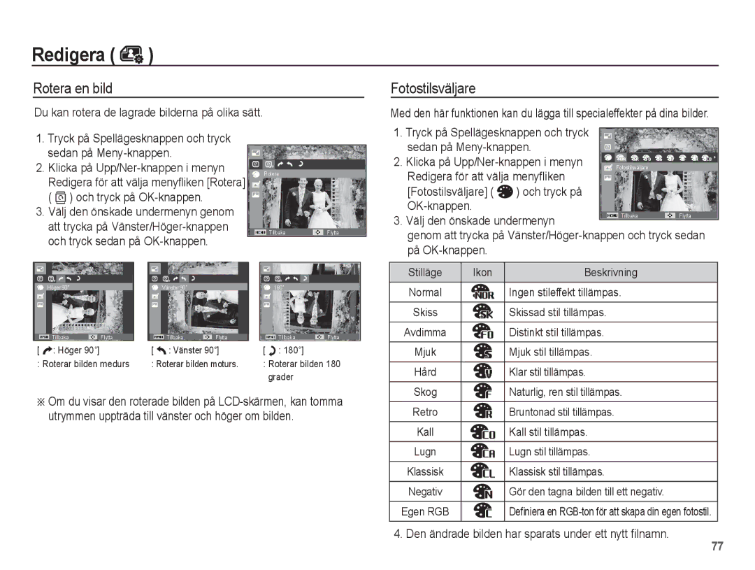 Samsung EC-ST70ZZBPUE2 manual Rotera en bild,  och tryck på OK-knappen, Redigera för att välja menyfliken, Och tryck på 