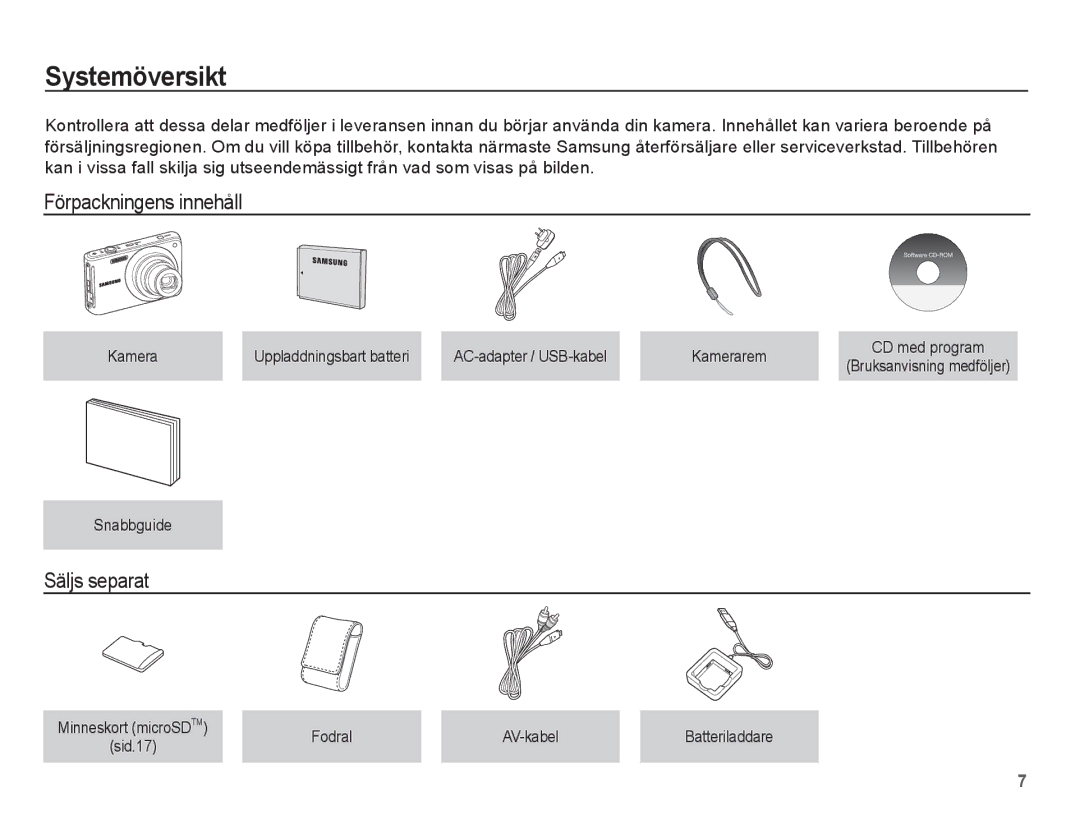 Samsung EC-ST70ZZBPBE2, EC-ST70ZZBPSE2 Systemöversikt, Förpackningens innehåll, Säljs separat, Snabbguide, Fodral AV-kabel 