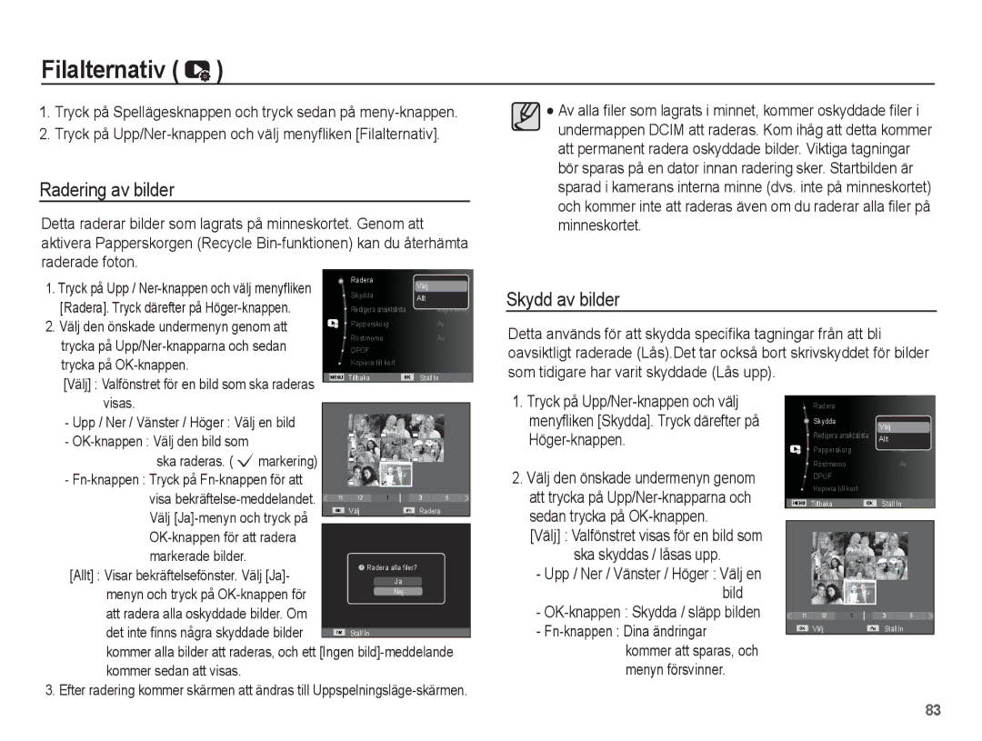 Samsung EC-ST70ZZBPBE2, EC-ST70ZZBPSE2 manual Filalternativ, Radering av bilder, Skydd av bilder, Fn-knappen Dina ändringar 