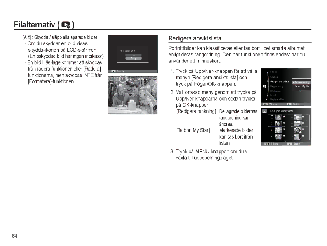 Samsung EC-ST70ZZBPSE2, EC-ST70ZZBPBE2 manual Redigera ansiktslista, Om du skyddar en bild visas, Formatera-funktionen 