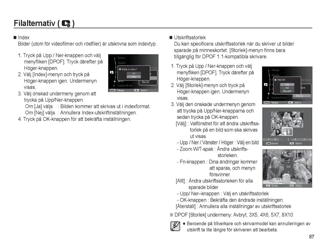 Samsung EC-ST70ZZBPBE2 Index, Tryck på Upp / Ner-knappen och välj, Menyfliken DPOF. Tryck därefter på, Utskriftsstorlek 