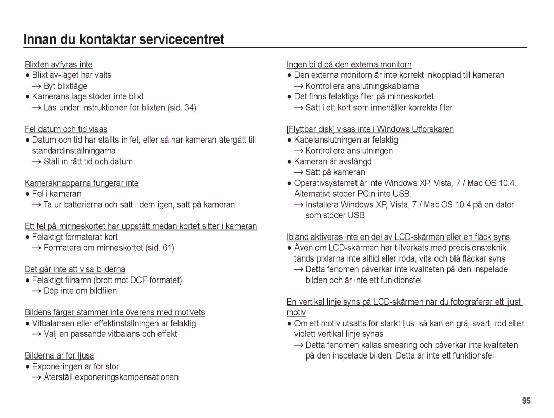 Samsung EC-ST70ZZBPBE2, EC-ST70ZZBPSE2, EC-ST70ZZBPUE2, EC-ST70ZZBPOE2 manual Innan du kontaktar servicecentret 