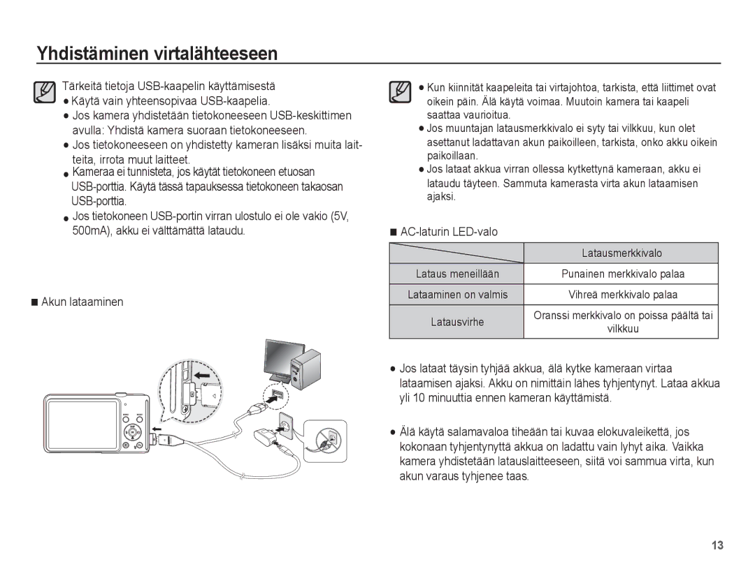 Samsung EC-ST70ZZBPUE2, EC-ST70ZZBPBE2, EC-ST70ZZBPSE2, EC-ST70ZZBPOE2 manual AC-laturin LED-valo, Latausmerkkivalo 