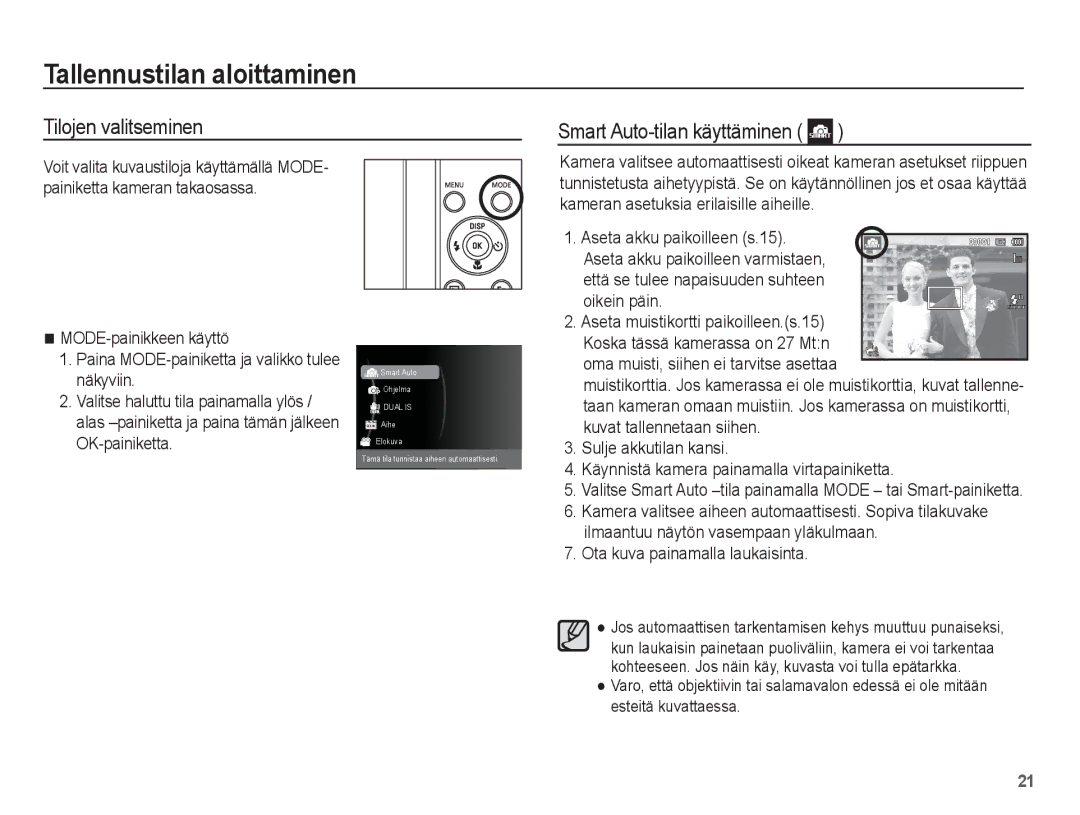 Samsung EC-ST70ZZBPUE2, EC-ST70ZZBPBE2 manual Tallennustilan aloittaminen, Tilojen valitseminen Smart Auto-tilan käyttäminen 