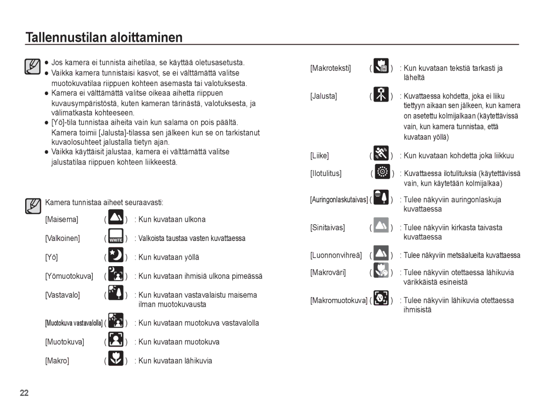 Samsung EC-ST70ZZBPOE2 manual Kun kuvataan yöllä, Vastavalo, Ilman muotokuvausta, Läheltä, Jalusta, Kuvataan yöllä, Liike 