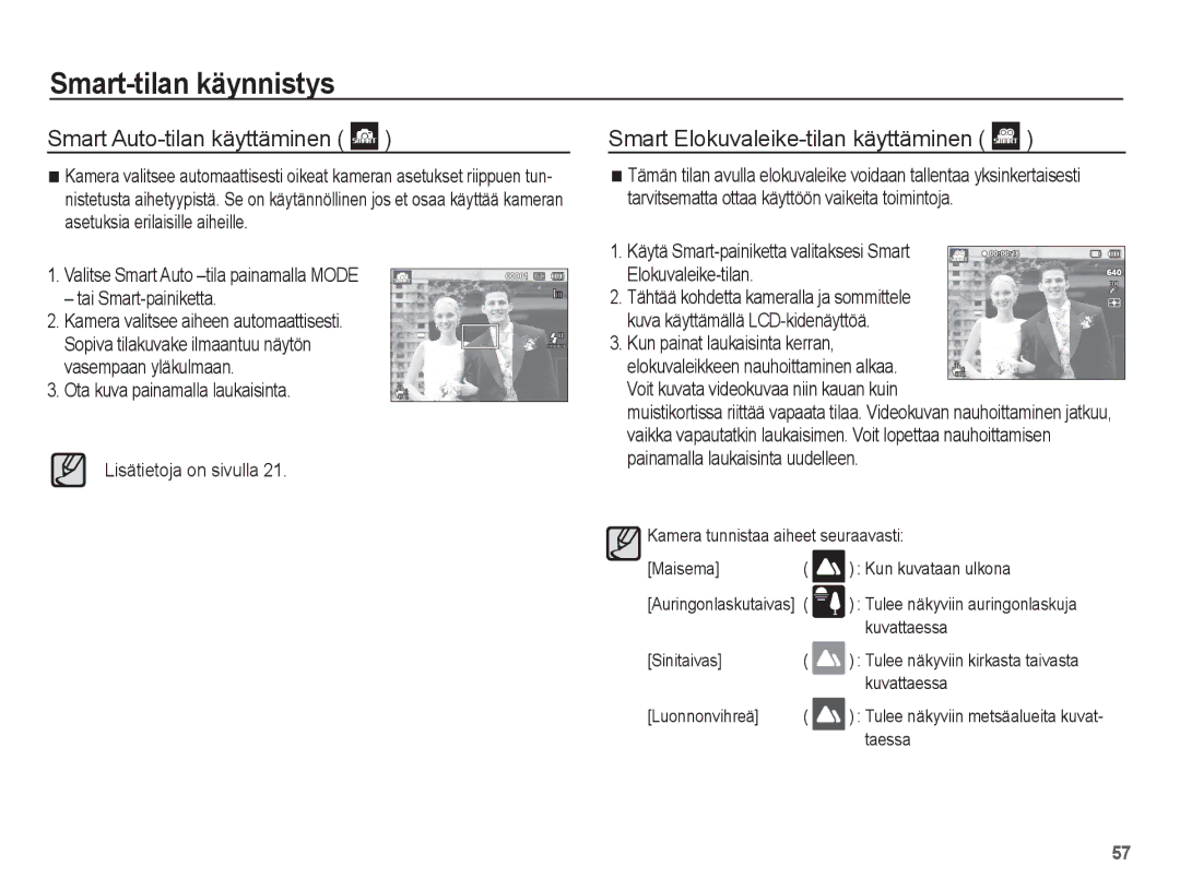 Samsung EC-ST70ZZBPUE2 manual Smart Elokuvaleike-tilan käyttäminen, Ota kuva painamalla laukaisinta Lisätietoja on sivulla 