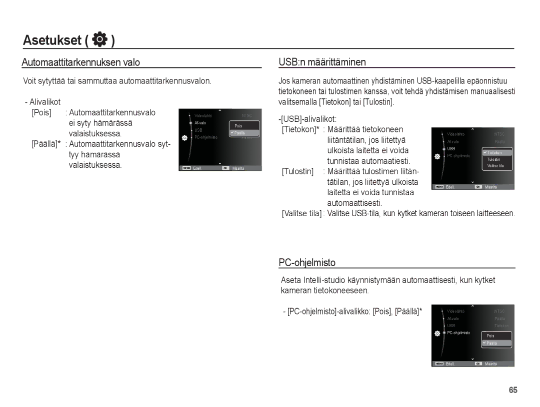 Samsung EC-ST70ZZBPUE2, EC-ST70ZZBPBE2, EC-ST70ZZBPSE2 manual Automaattitarkennuksen valo, USBn määrittäminen, PC-ohjelmisto 