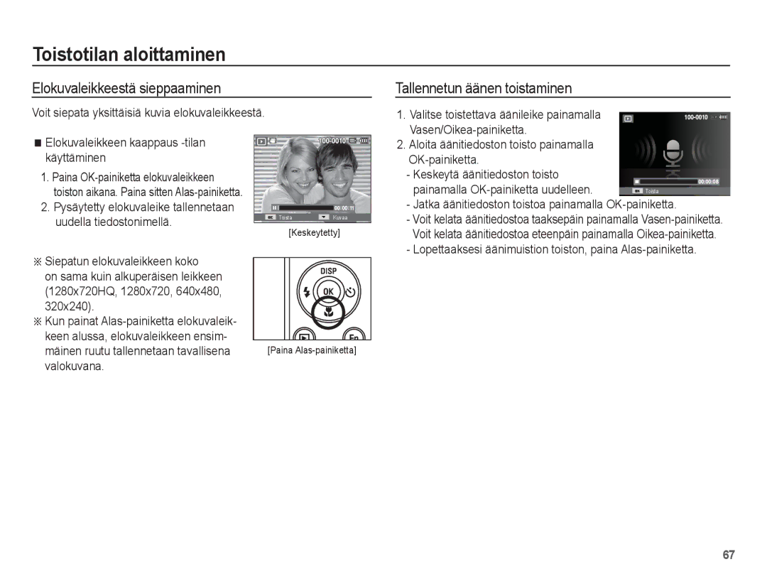 Samsung EC-ST70ZZBPBE2, EC-ST70ZZBPSE2, EC-ST70ZZBPUE2 manual Elokuvaleikkeestä sieppaaminen, Tallennetun äänen toistaminen 