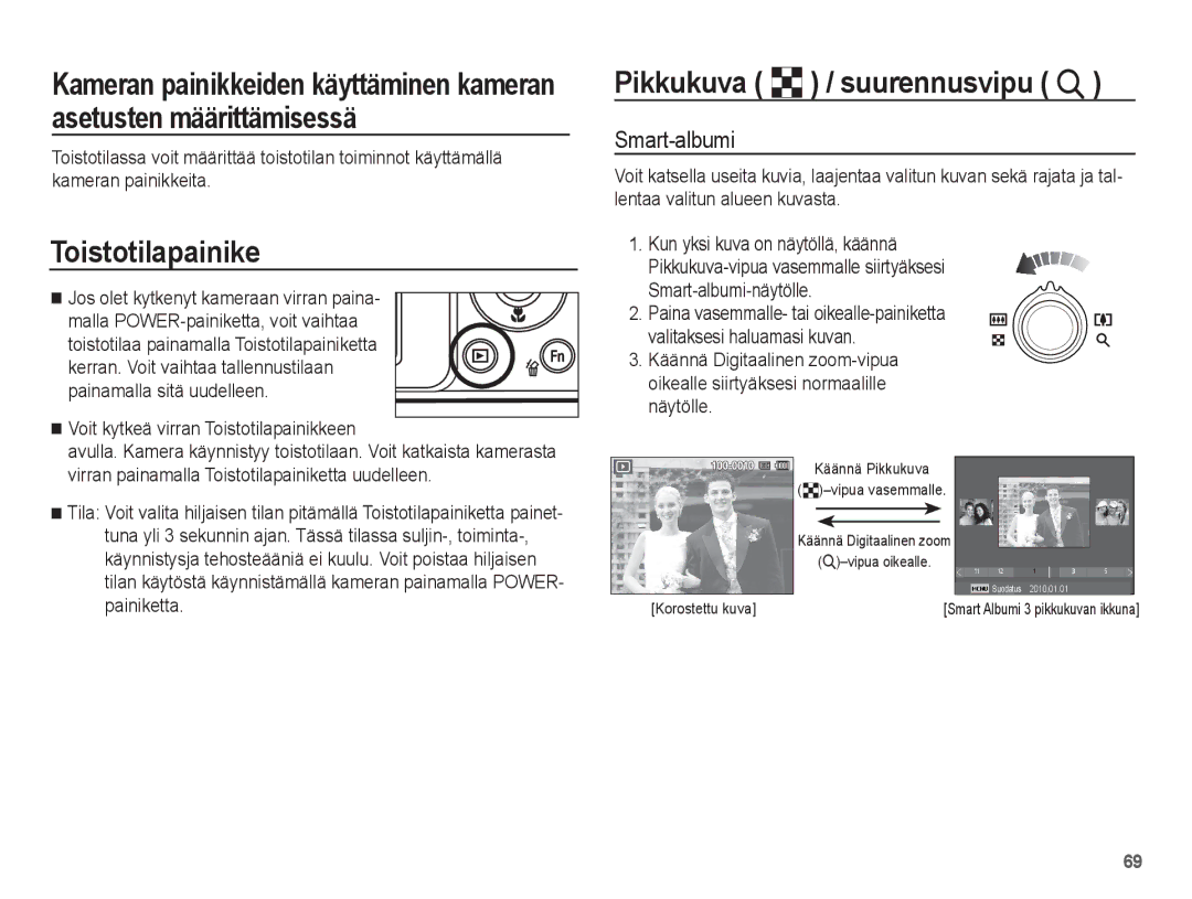 Samsung EC-ST70ZZBPUE2, EC-ST70ZZBPBE2, EC-ST70ZZBPSE2 manual Toistotilapainike, Pikkukuva º / suurennusvipu í, Smart-albumi 