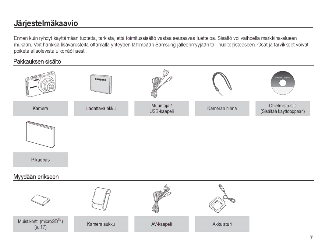 Samsung EC-ST70ZZBPBE2, EC-ST70ZZBPSE2, EC-ST70ZZBPUE2 manual Järjestelmäkaavio, Pakkauksen sisältö, Myydään erikseen 