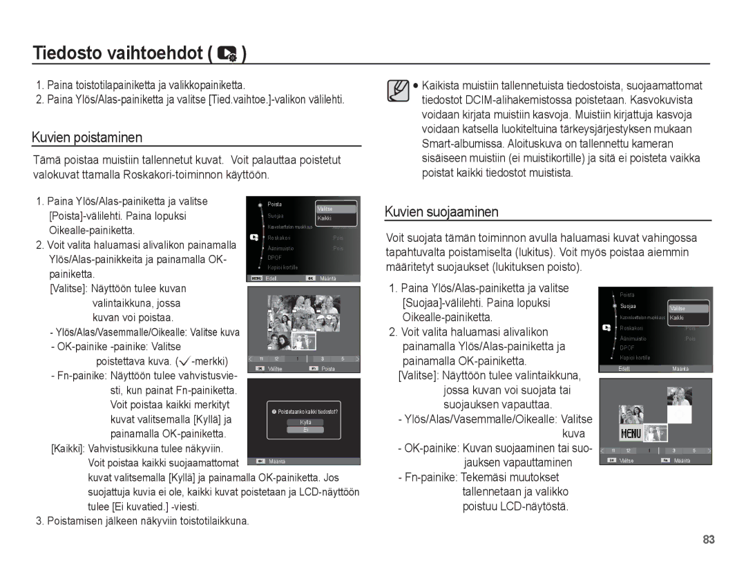 Samsung EC-ST70ZZBPBE2, EC-ST70ZZBPSE2, EC-ST70ZZBPUE2 manual Tiedosto vaihtoehdot, Kuvien poistaminen, Kuvien suojaaminen 