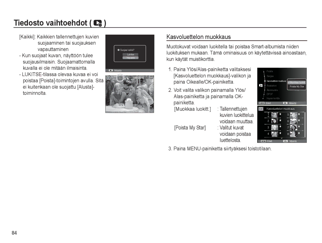 Samsung EC-ST70ZZBPSE2, EC-ST70ZZBPBE2 manual Kasvoluettelon muokkaus, Kuvalla ei ole mitään ilmaisinta, Toiminnolta 