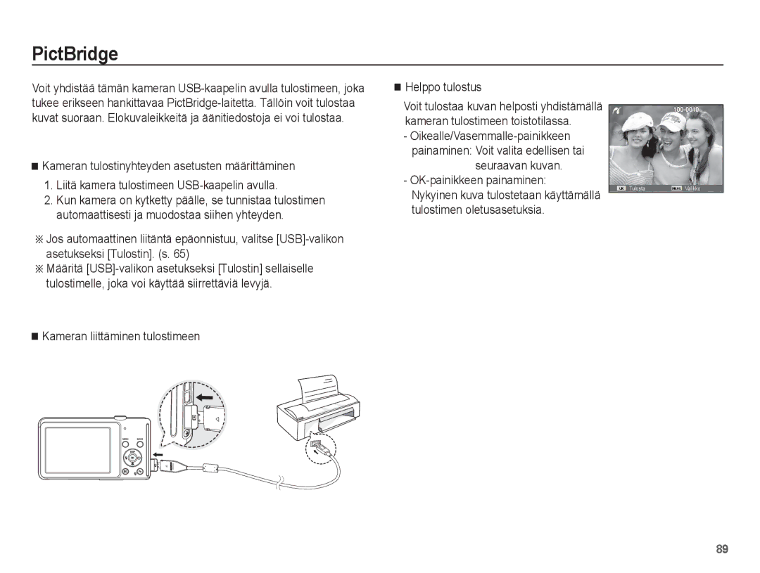 Samsung EC-ST70ZZBPUE2, EC-ST70ZZBPBE2, EC-ST70ZZBPSE2 manual PictBridge, Kameran liittäminen tulostimeen Helppo tulostus 