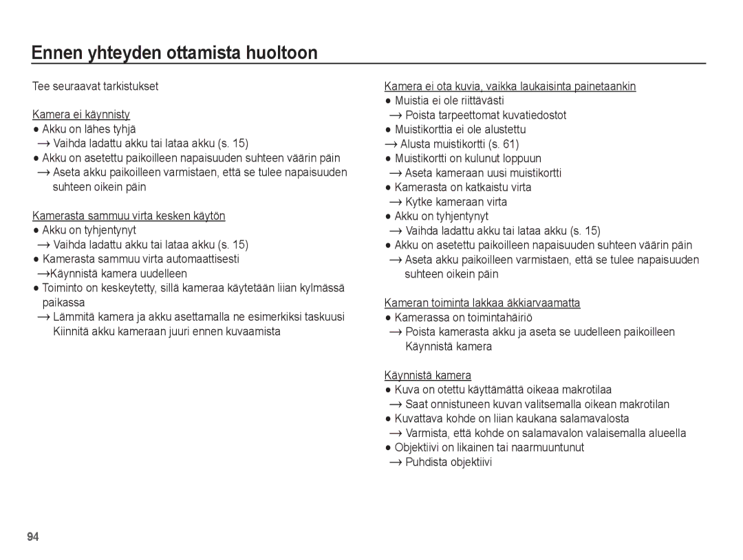 Samsung EC-ST70ZZBPOE2, EC-ST70ZZBPBE2, EC-ST70ZZBPSE2, EC-ST70ZZBPUE2 manual Ennen yhteyden ottamista huoltoon 