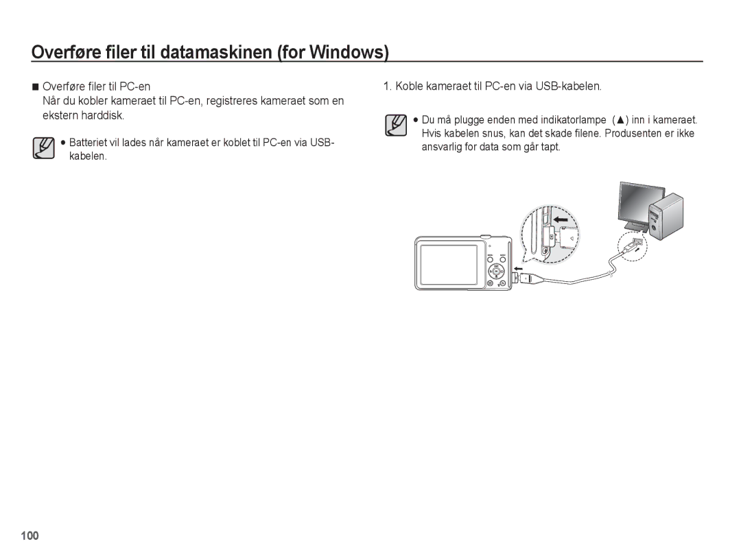 Samsung EC-ST70ZZBPSE2, EC-ST70ZZBPBE2, EC-ST70ZZBPUE2, EC-ST70ZZBPOE2 manual Koble kameraet til PC-en via USB-kabelen 