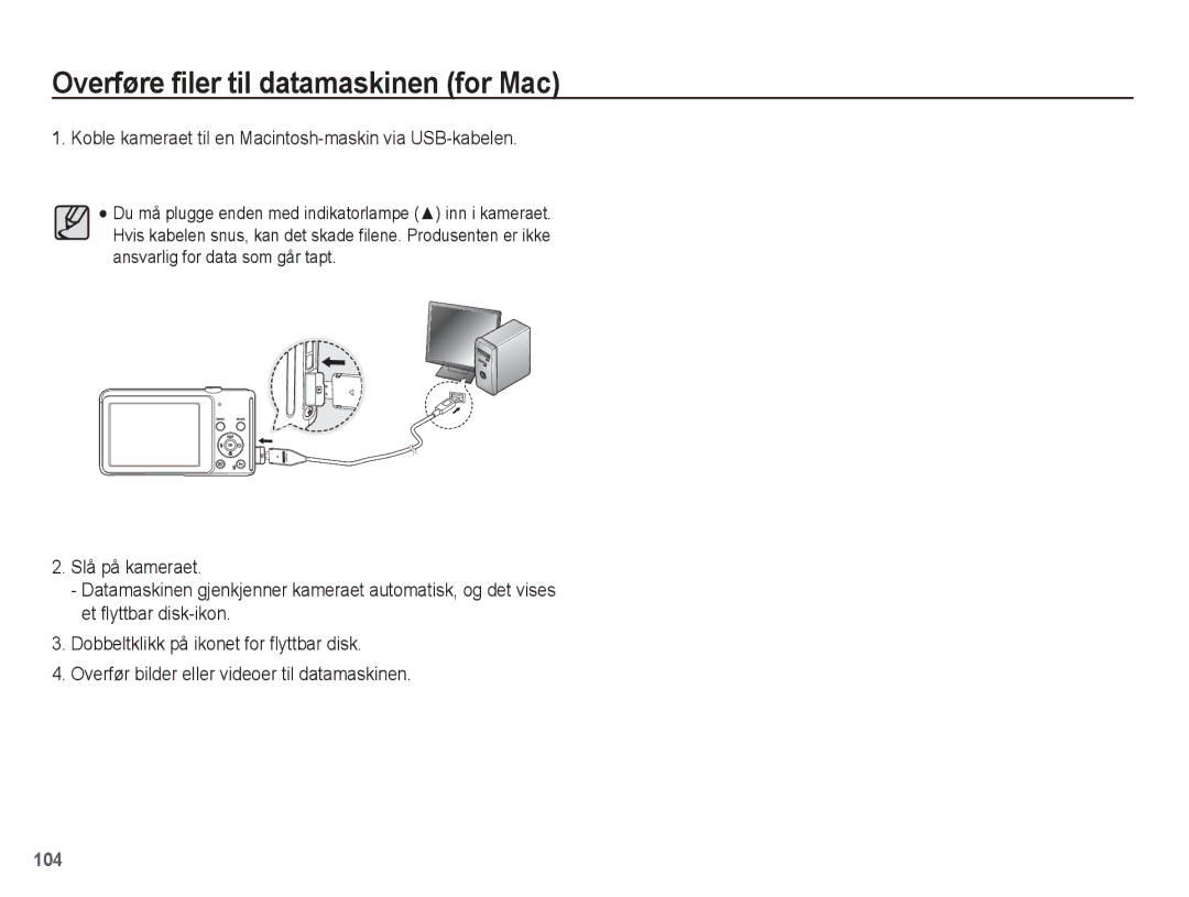 Samsung EC-ST70ZZBPSE2, EC-ST70ZZBPBE2, EC-ST70ZZBPUE2 manual Koble kameraet til en Macintosh-maskin via USB-kabelen 