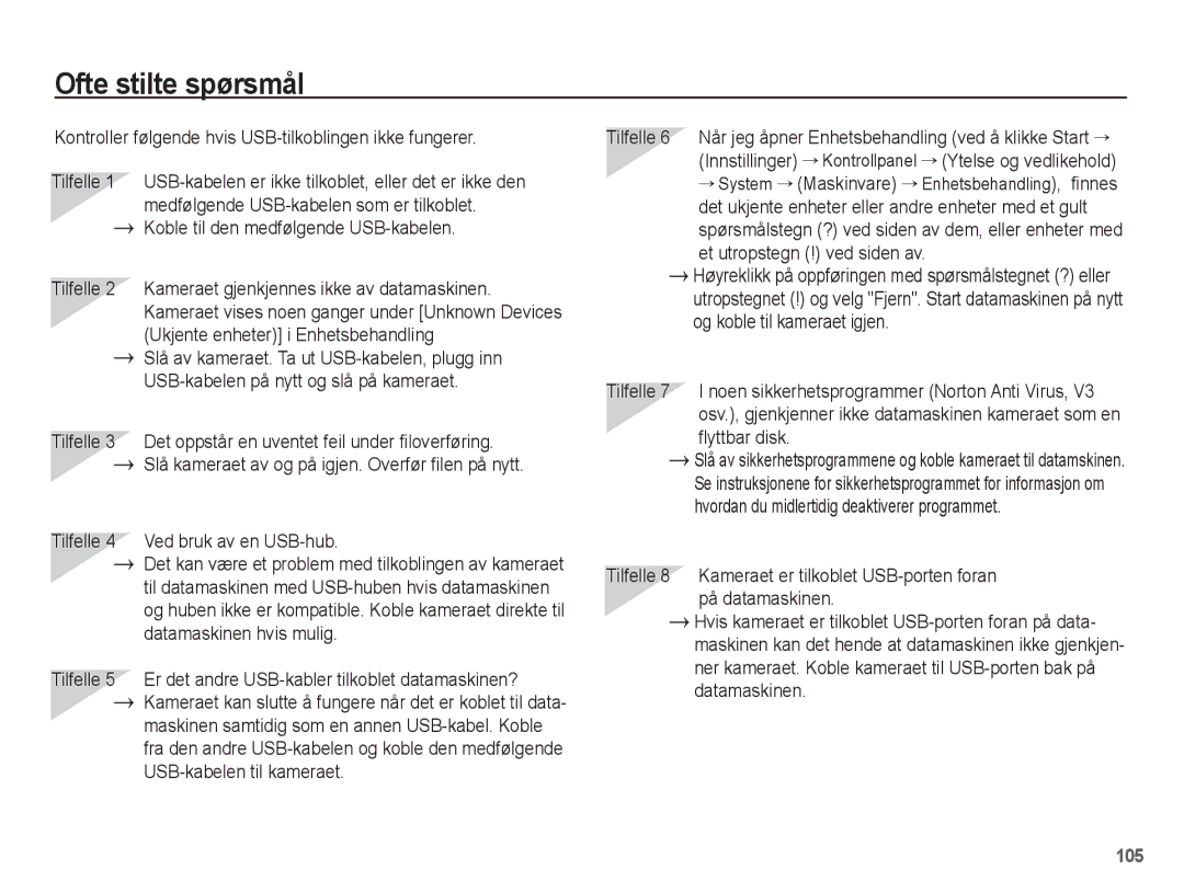 Samsung EC-ST70ZZBPUE2, EC-ST70ZZBPBE2 manual Ofte stilte spørsmål, Kontroller følgende hvis USB-tilkoblingen ikke fungerer 