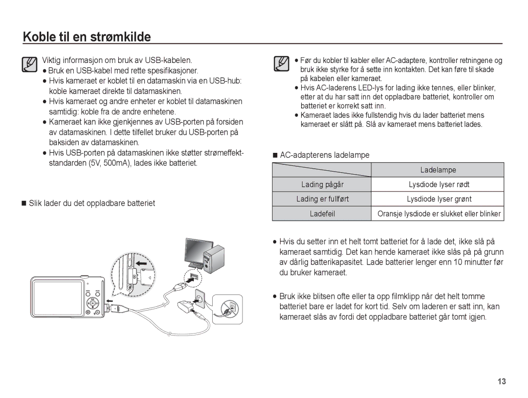 Samsung EC-ST70ZZBPUE2, EC-ST70ZZBPBE2 manual Slik lader du det oppladbare batteriet, AC-adapterens ladelampe, Ladelampe 