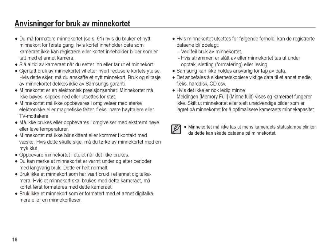 Samsung EC-ST70ZZBPSE2, EC-ST70ZZBPBE2, EC-ST70ZZBPUE2, EC-ST70ZZBPOE2 manual Anvisninger for bruk av minnekortet 