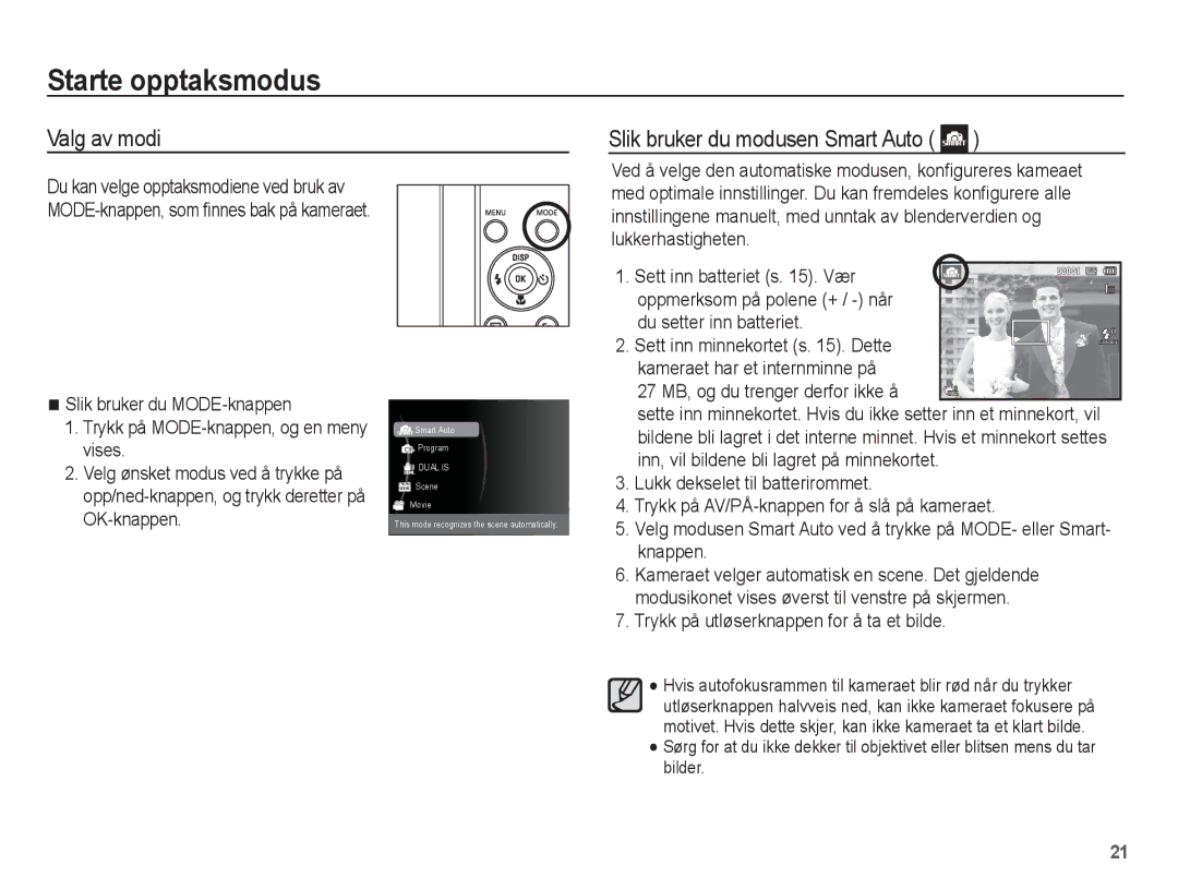 Samsung EC-ST70ZZBPUE2, EC-ST70ZZBPBE2, EC-ST70ZZBPSE2 Starte opptaksmodus, Valg av modi Slik bruker du modusen Smart Auto 