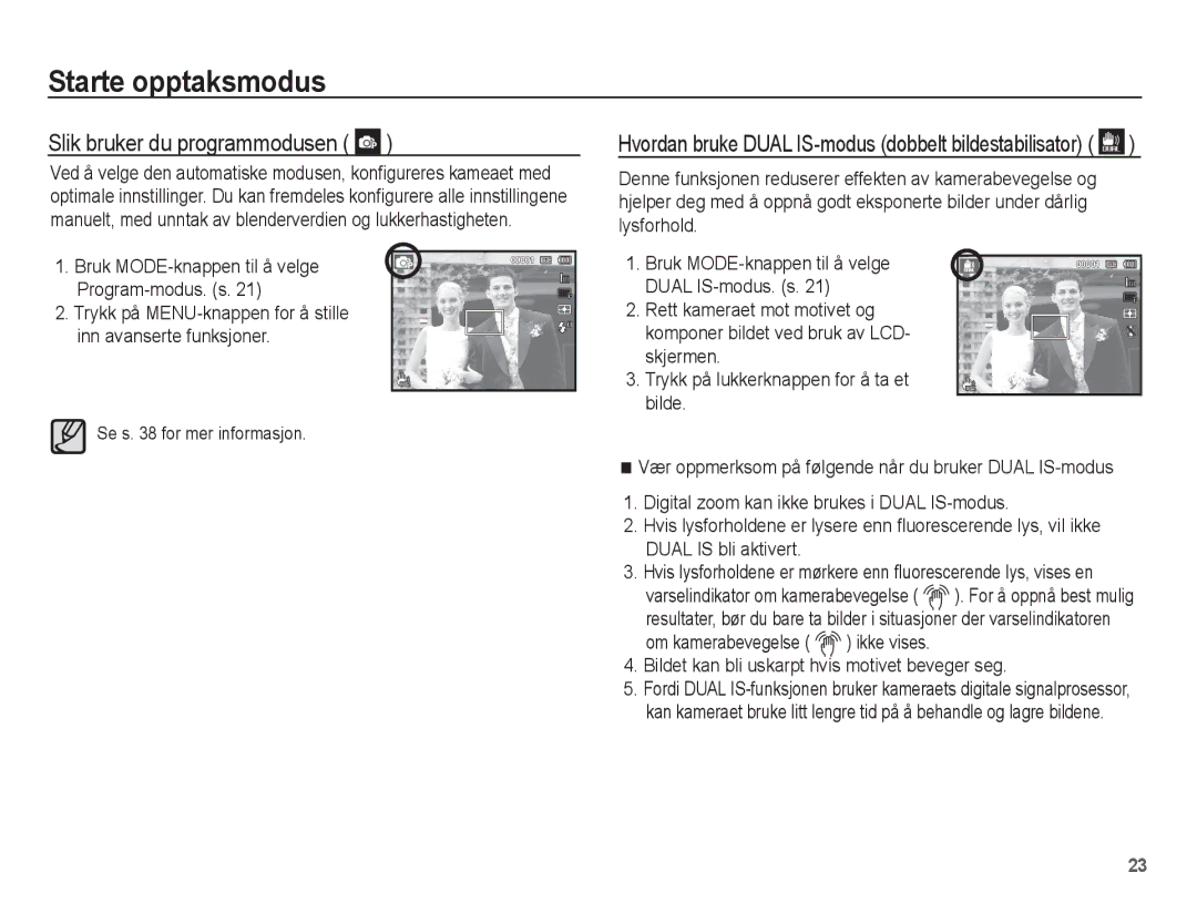 Samsung EC-ST70ZZBPBE2 manual Slik bruker du programmodusen, Trykk på MENU-knappen for å stille inn avanserte funksjoner 