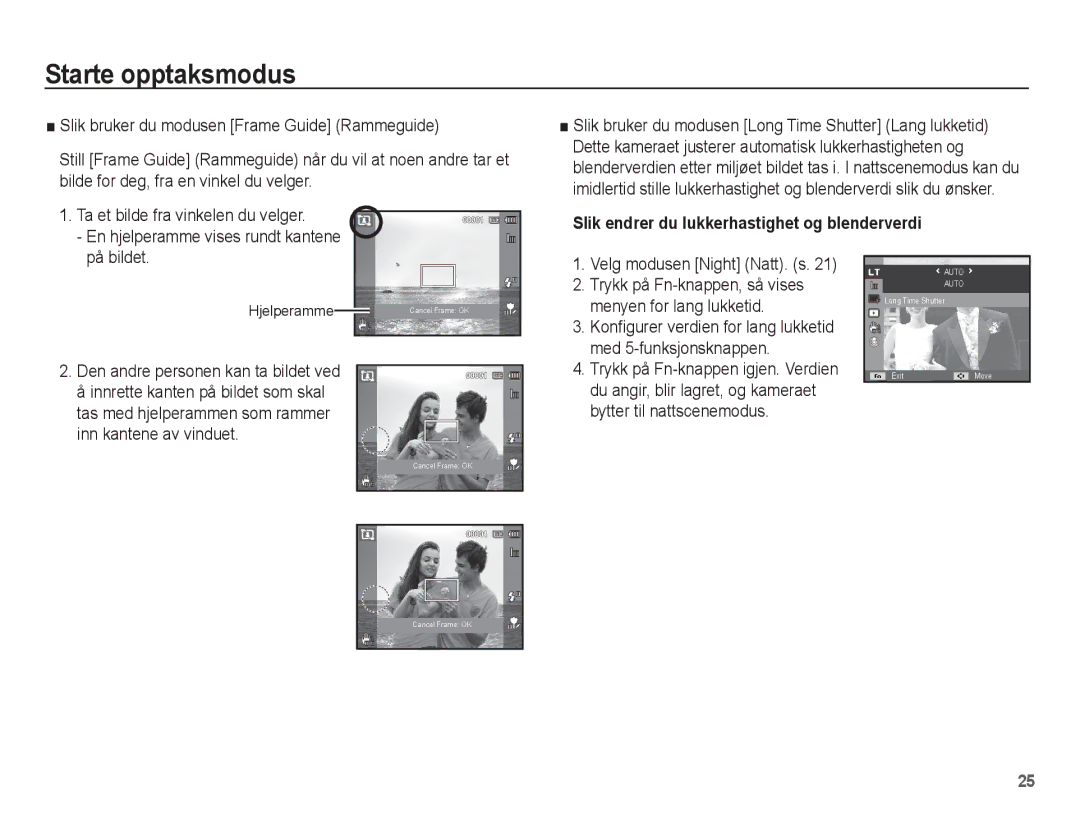 Samsung EC-ST70ZZBPUE2 manual På bildet, Trykk på Fn-knappen, så vises, Menyen for lang lukketid, Med 5-funksjonsknappen 