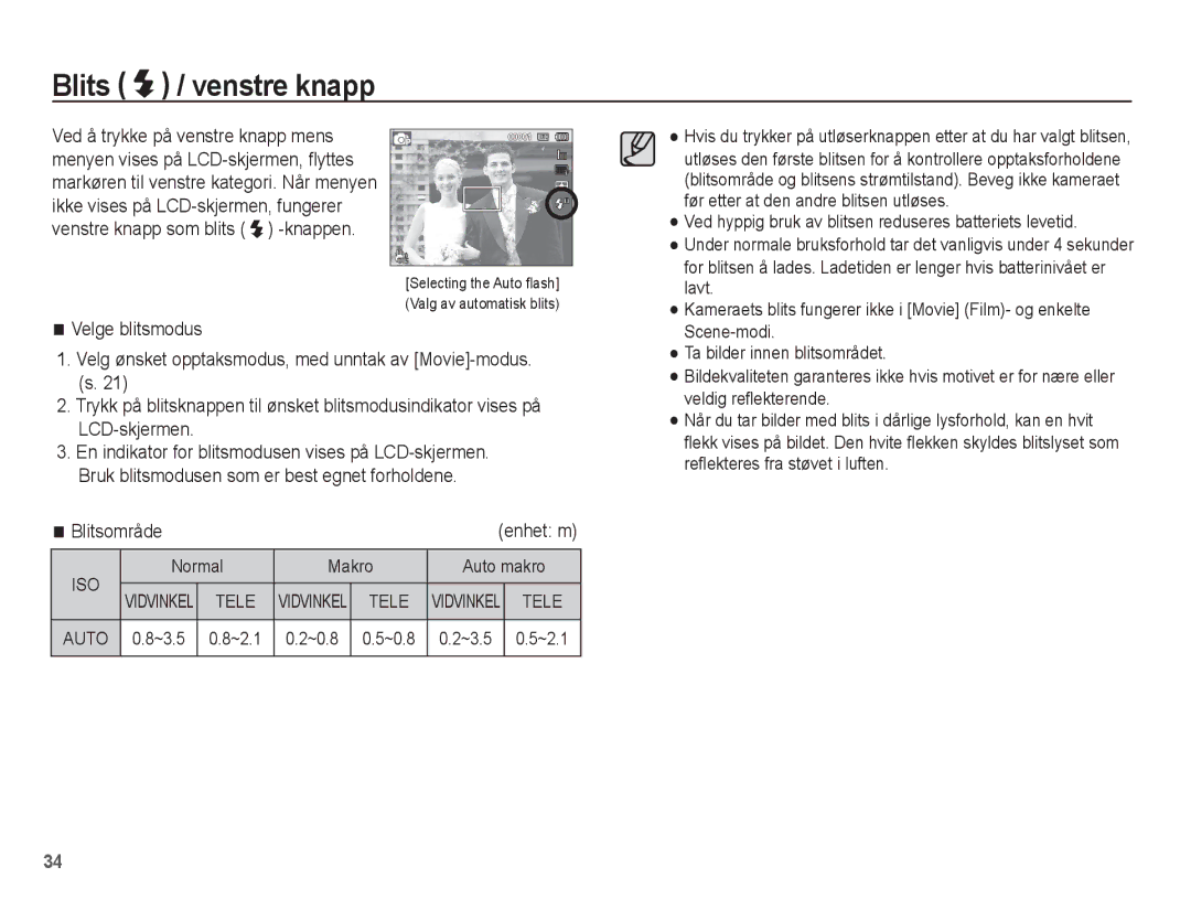 Samsung EC-ST70ZZBPOE2, EC-ST70ZZBPBE2 manual Blits / venstre knapp, Blitsområde, Normal Makro Auto makro, ~3.5 ~2.1 ~0.8 