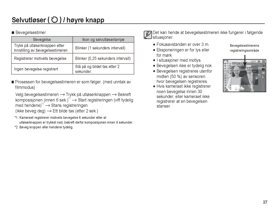 Samsung EC-ST70ZZBPUE2, EC-ST70ZZBPBE2 manual Bevegelsestimer, Trykk på utløserknappen Bekreft, Velg bevegelsestimeren 