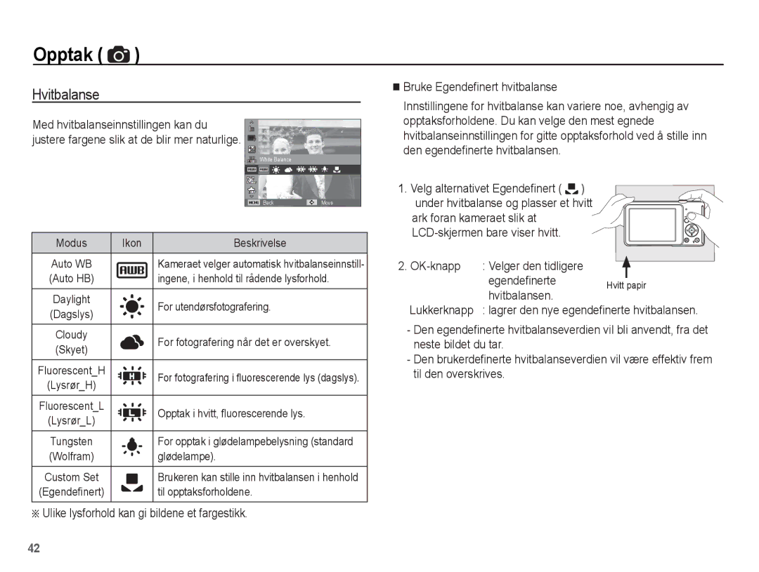 Samsung EC-ST70ZZBPOE2 manual Hvitbalanse, Med hvitbalanseinnstillingen kan du, OK-knapp Velger den tidligere Egendeﬁnerte 