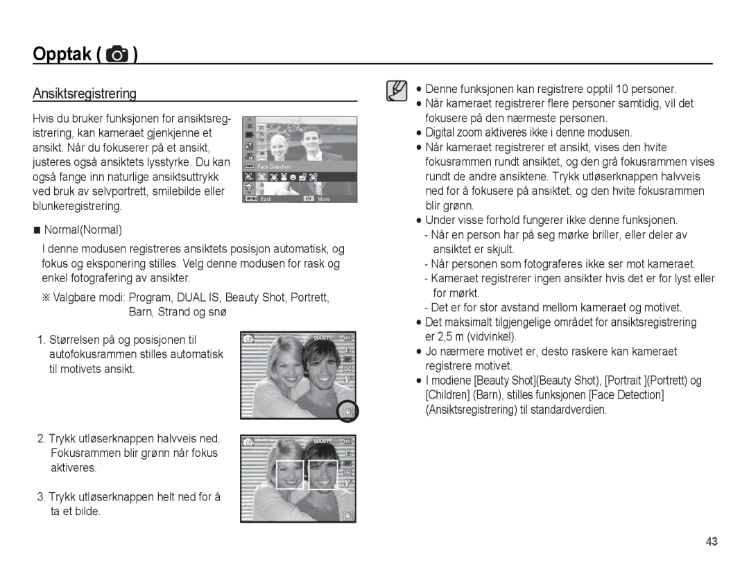 Samsung EC-ST70ZZBPBE2 Ansiktsregistrering, NormalNormal, For mørkt, Når personen som fotograferes ikke ser mot kameraet 