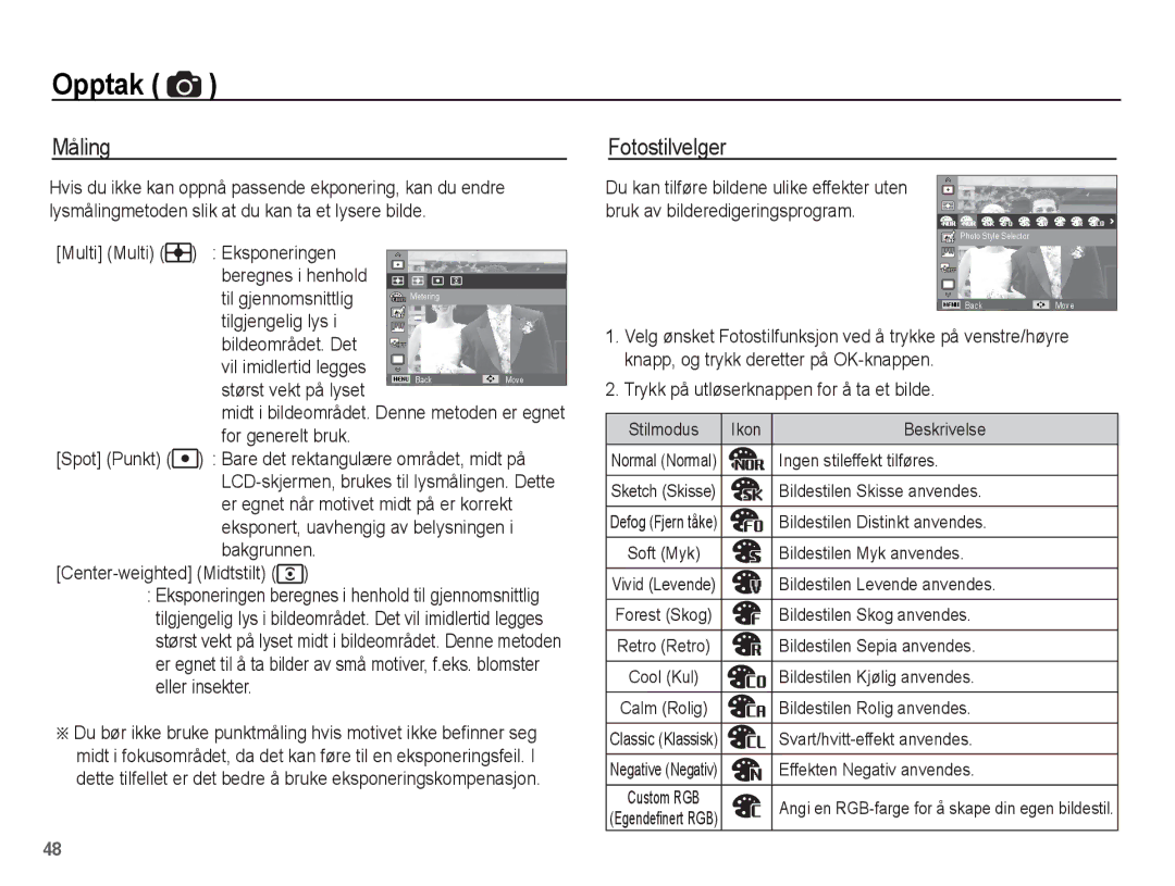 Samsung EC-ST70ZZBPSE2, EC-ST70ZZBPBE2, EC-ST70ZZBPUE2, EC-ST70ZZBPOE2 manual Måling, Fotostilvelger 