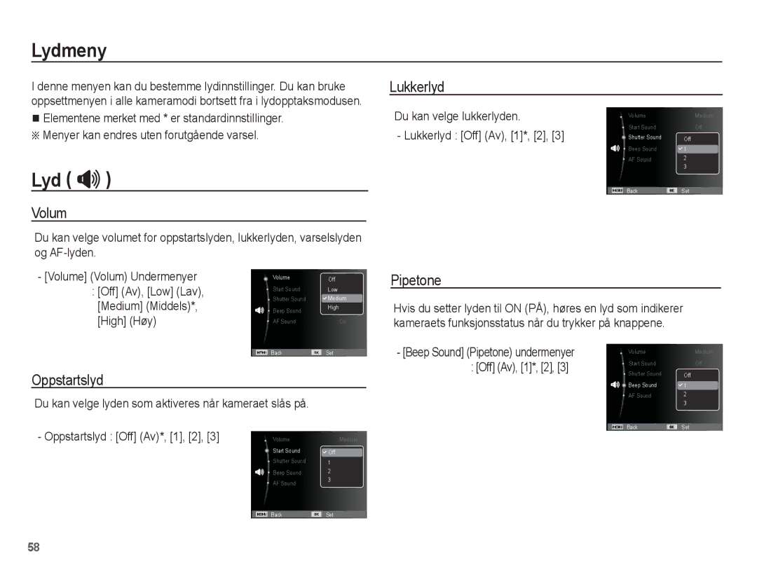 Samsung EC-ST70ZZBPOE2, EC-ST70ZZBPBE2, EC-ST70ZZBPSE2, EC-ST70ZZBPUE2 manual Lydmeny, Lyd  