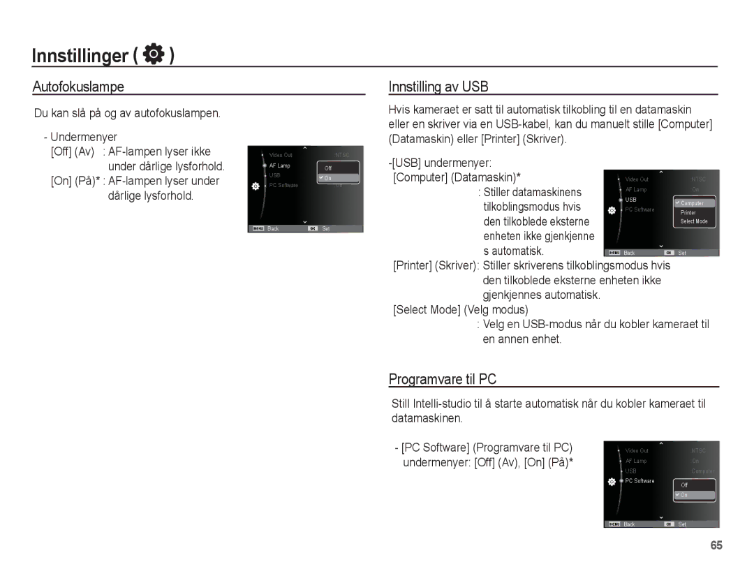 Samsung EC-ST70ZZBPUE2, EC-ST70ZZBPBE2, EC-ST70ZZBPSE2, EC-ST70ZZBPOE2 Autofokuslampe Innstilling av USB, Programvare til PC 