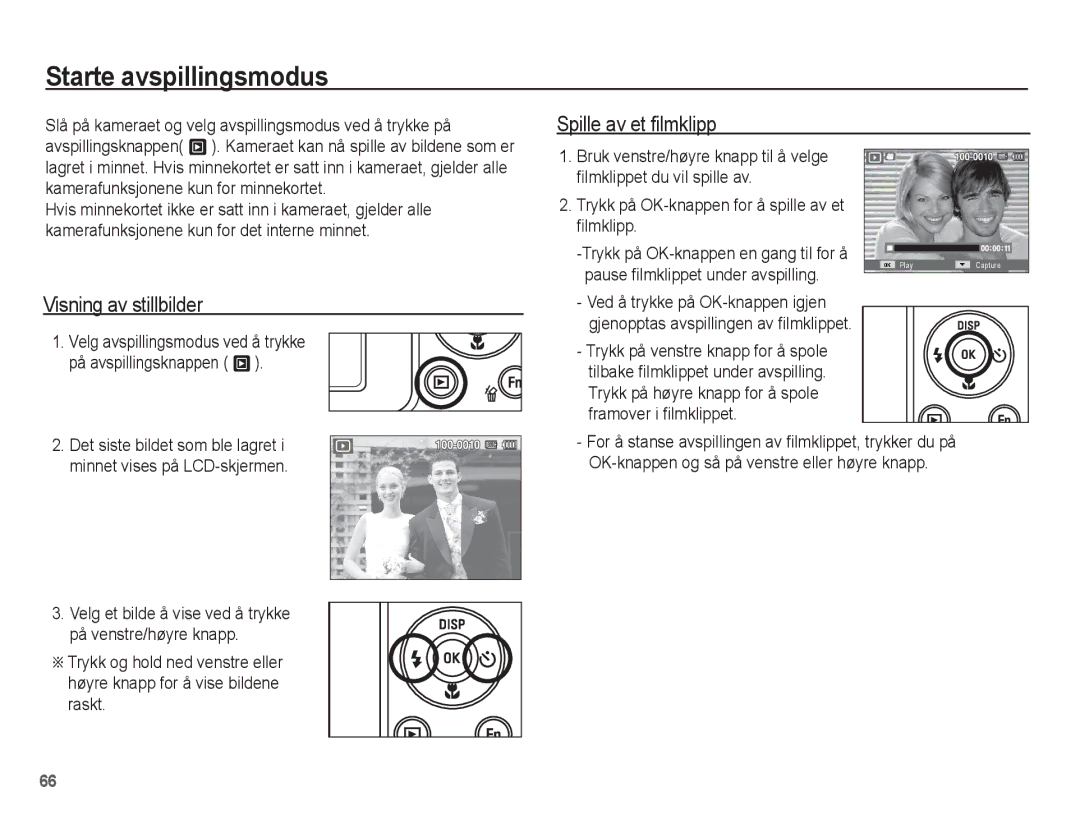 Samsung EC-ST70ZZBPOE2, EC-ST70ZZBPBE2 manual Starte avspillingsmodus, Spille av et filmklipp, Visning av stillbilder 