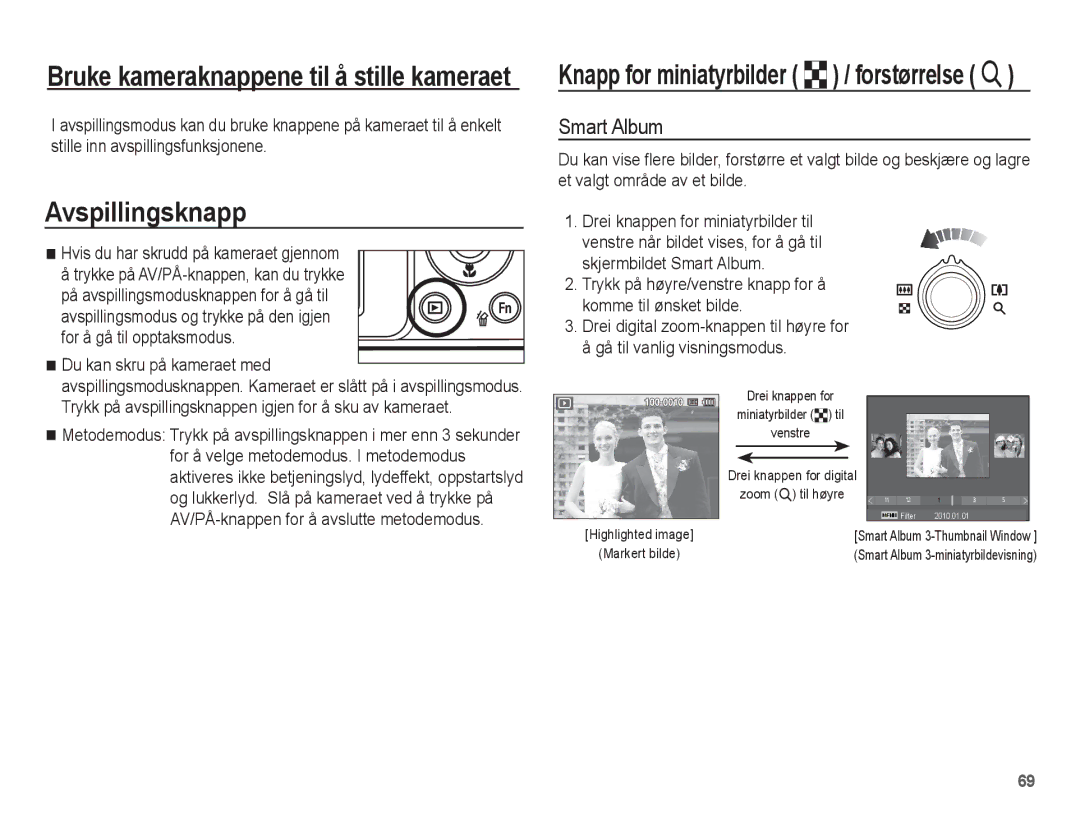 Samsung EC-ST70ZZBPUE2, EC-ST70ZZBPBE2, EC-ST70ZZBPSE2 manual Avspillingsknapp, Smart Album, Du kan skru på kameraet med 