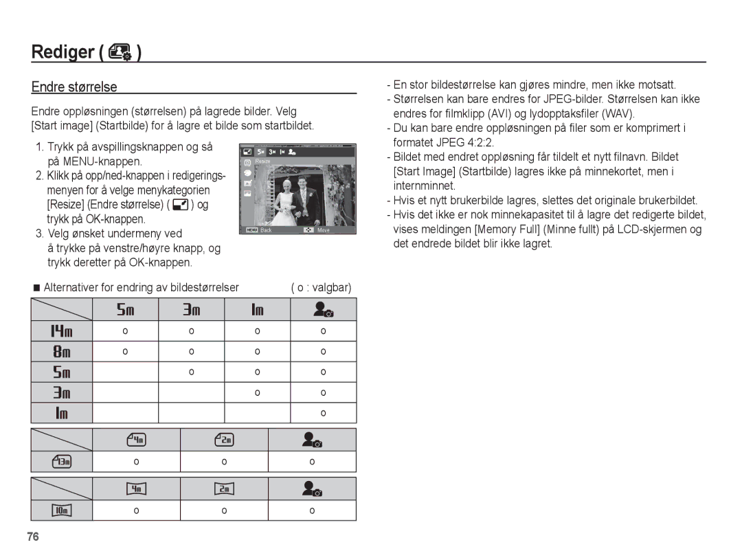 Samsung EC-ST70ZZBPSE2, EC-ST70ZZBPBE2, EC-ST70ZZBPUE2, EC-ST70ZZBPOE2 manual Rediger, Endre størrelse 