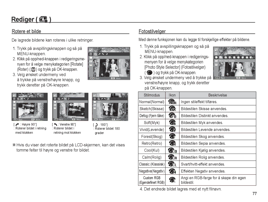 Samsung EC-ST70ZZBPUE2, EC-ST70ZZBPBE2 Rotere et bilde, De lagrede bildene kan roteres i ulike retninger, MENU-knappen 