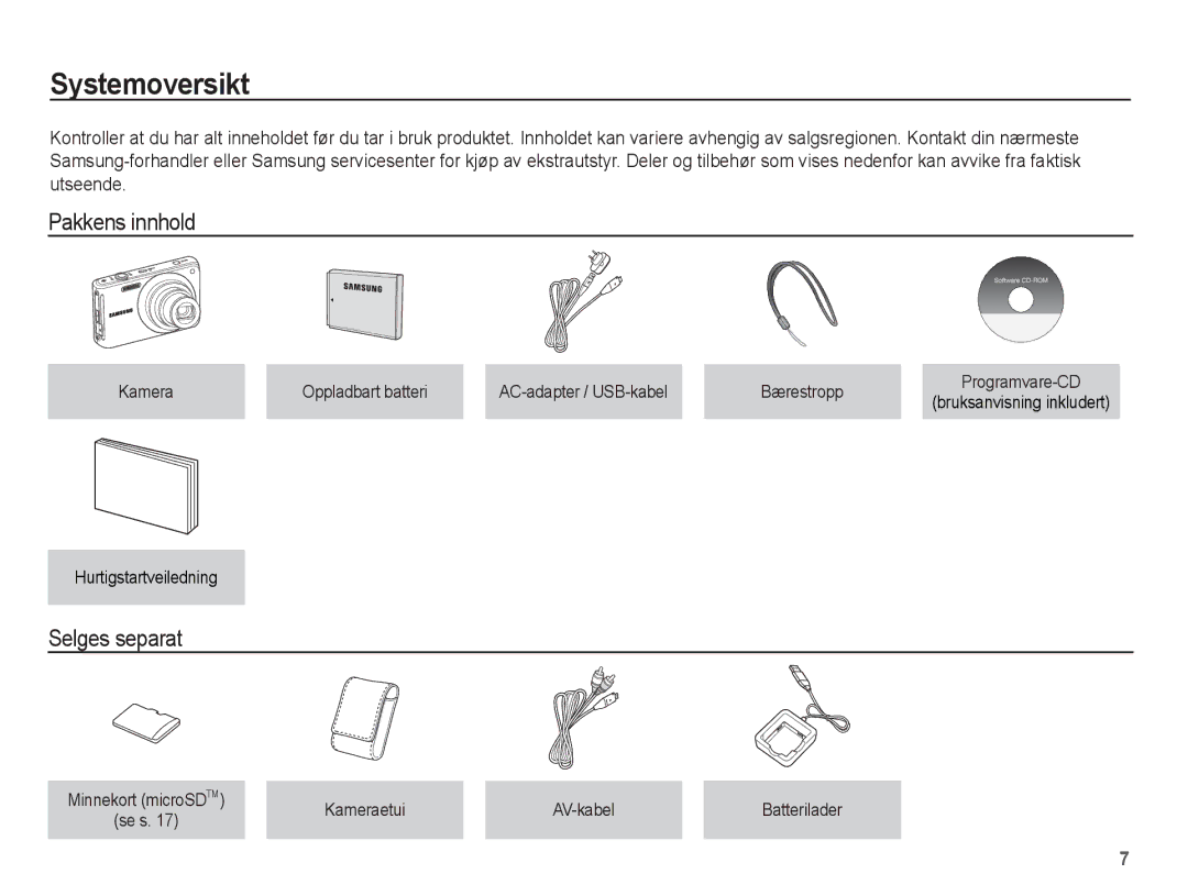 Samsung EC-ST70ZZBPBE2, EC-ST70ZZBPSE2, EC-ST70ZZBPUE2 Systemoversikt, Pakkens innhold, Selges separat, Kameraetui AV-kabel 