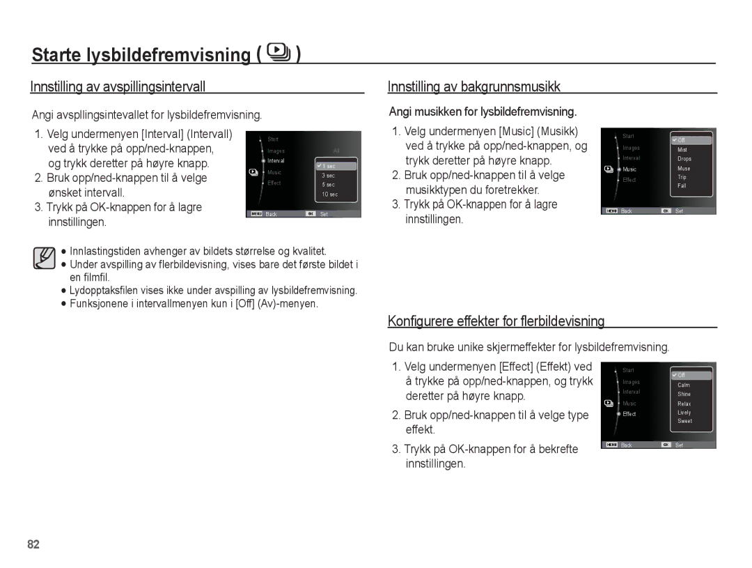 Samsung EC-ST70ZZBPOE2, EC-ST70ZZBPBE2, EC-ST70ZZBPSE2 Innstilling av avspillingsintervall, Innstilling av bakgrunnsmusikk 